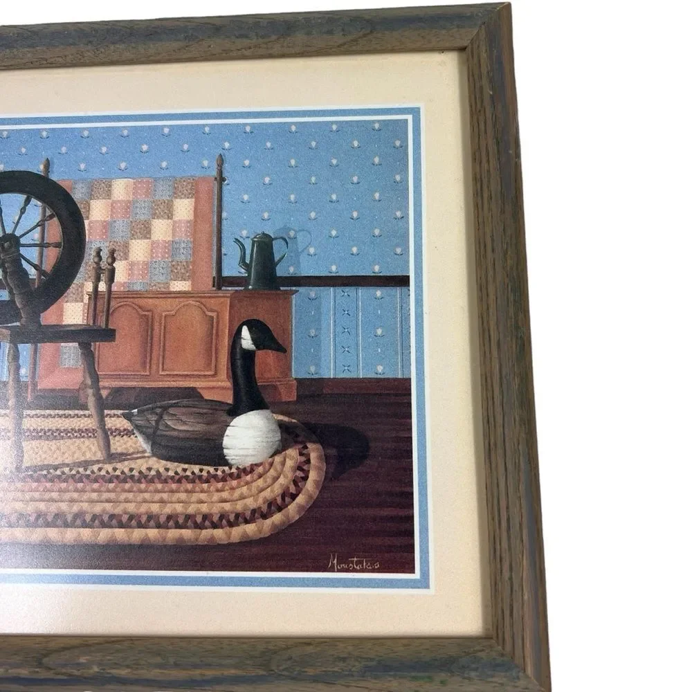 Vintage Moustakos Lithograph Favorite Decoy Framed Spinning Wheel Goose Folk Art